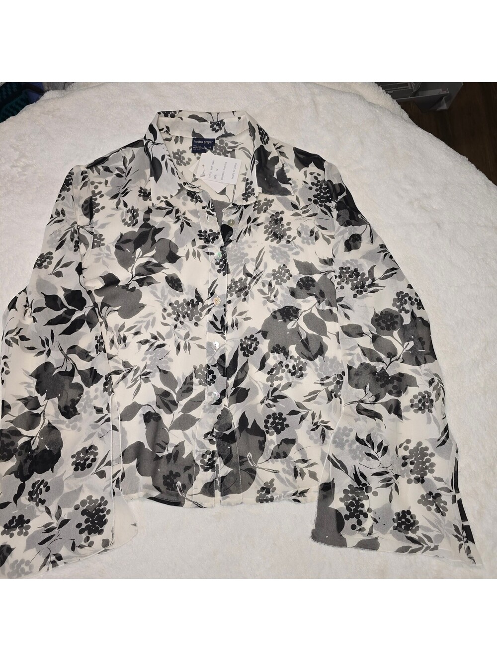 Boston Proper 100% Silk Floral Blouse Sheer Monochrome Button Up Top Size 14